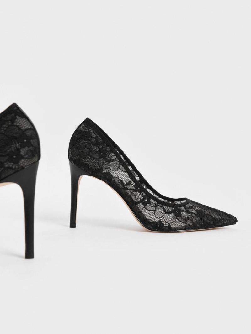 Pumps Charles & Keith Dantela Stiletto Negrii | 719FZCYTK