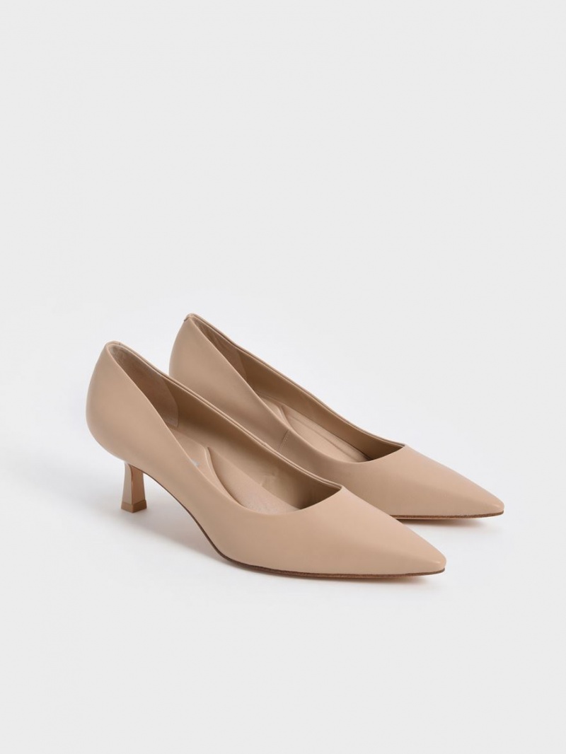 Pumps Charles & Keith Emmy Pointed Kitten Heel Bej | 749KGATOR