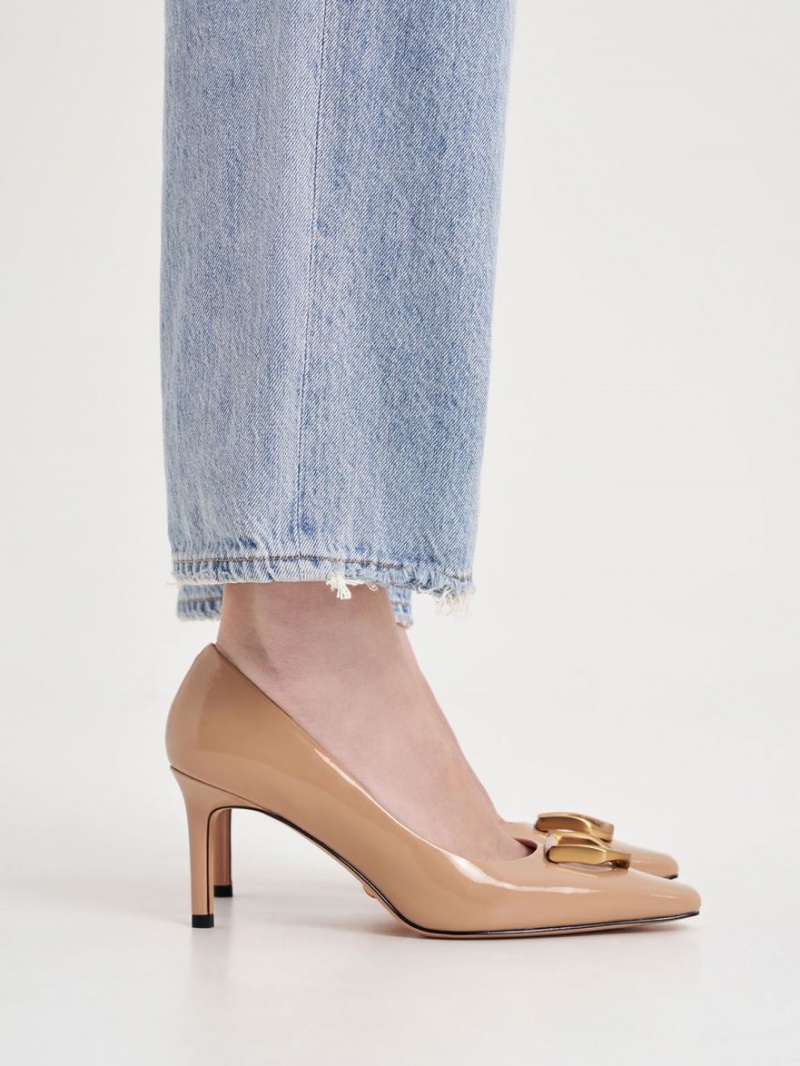 Pumps Charles & Keith Gabine Lacuita Piele Tapered Bej | 340PCAQRM
