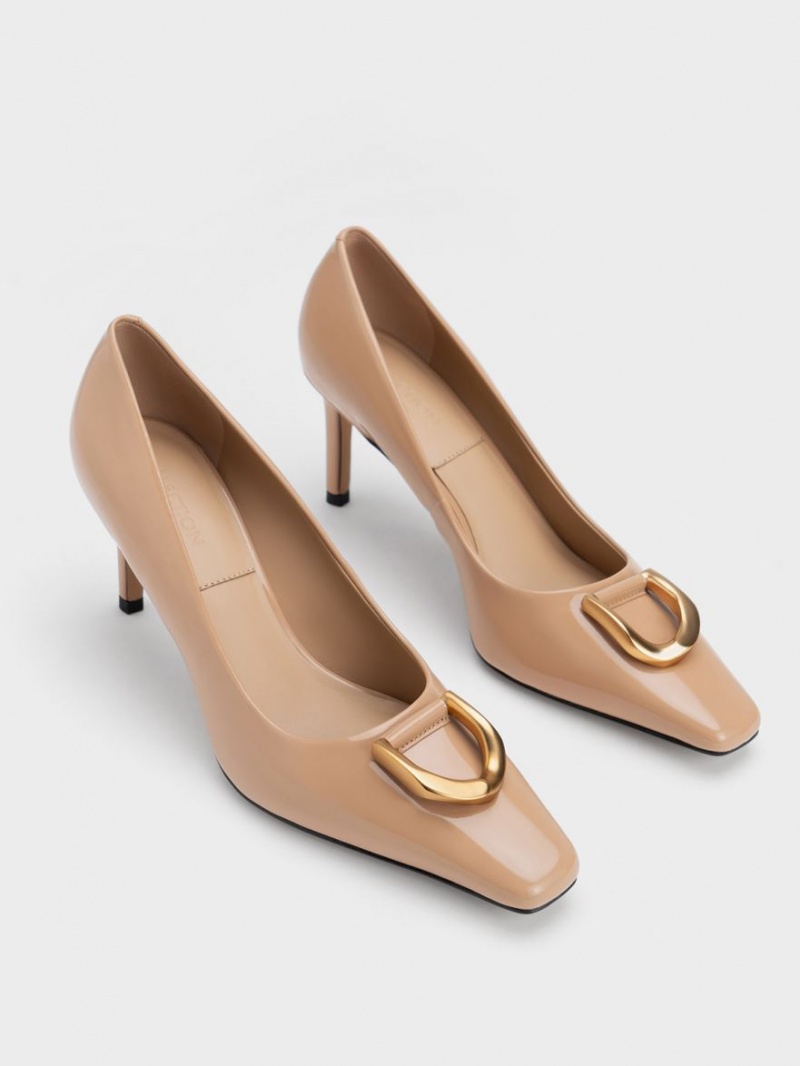 Pumps Charles & Keith Gabine Lacuita Piele Tapered Bej | 340PCAQRM