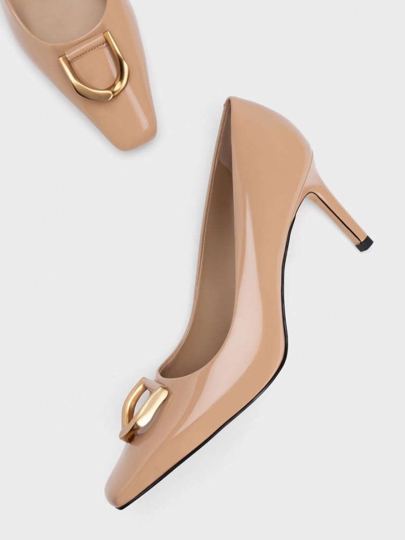 Pumps Charles & Keith Gabine Lacuita Piele Tapered Bej | 340PCAQRM