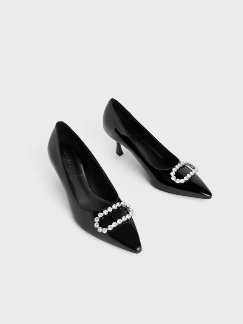 Pumps Charles & Keith Gem-Embellished Lacuita Piele Negrii | 384RHFYGB