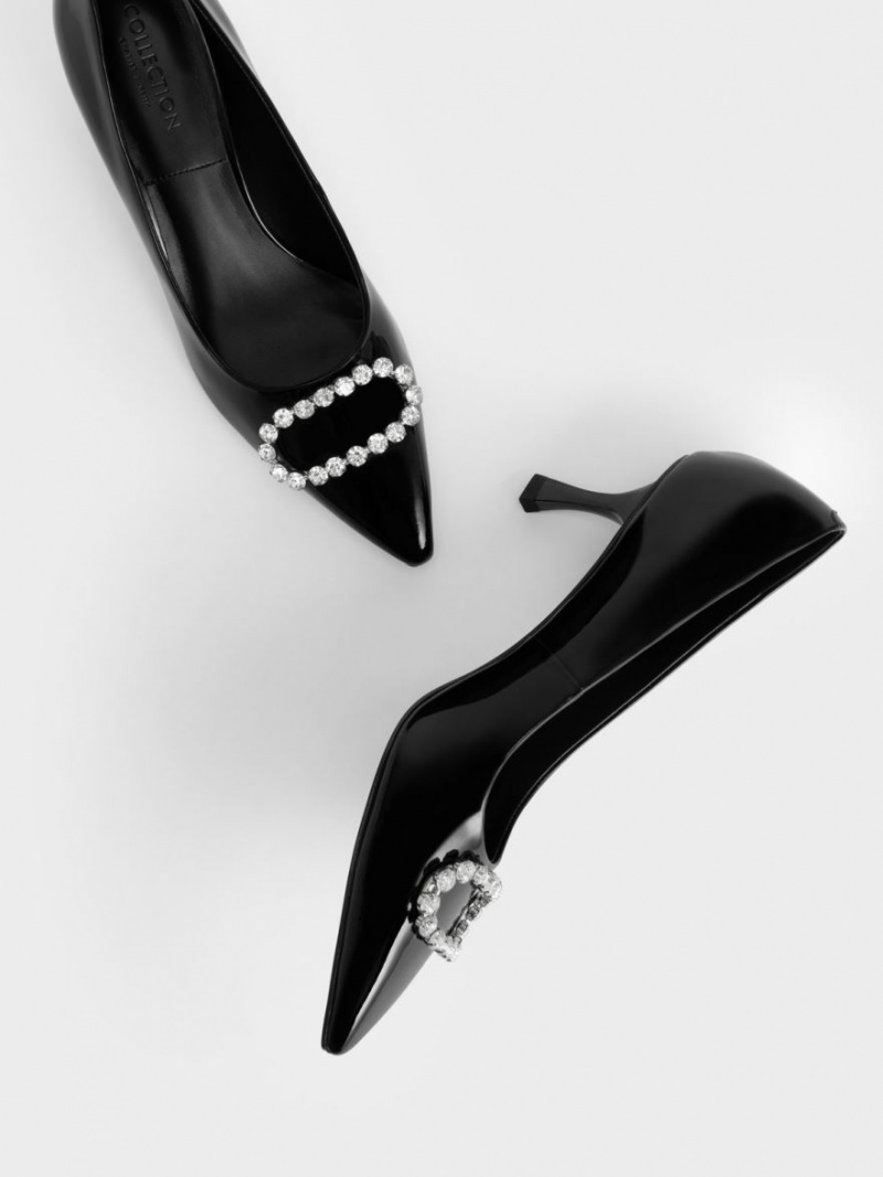 Pumps Charles & Keith Gem-Embellished Lacuita Piele Negrii | 384RHFYGB