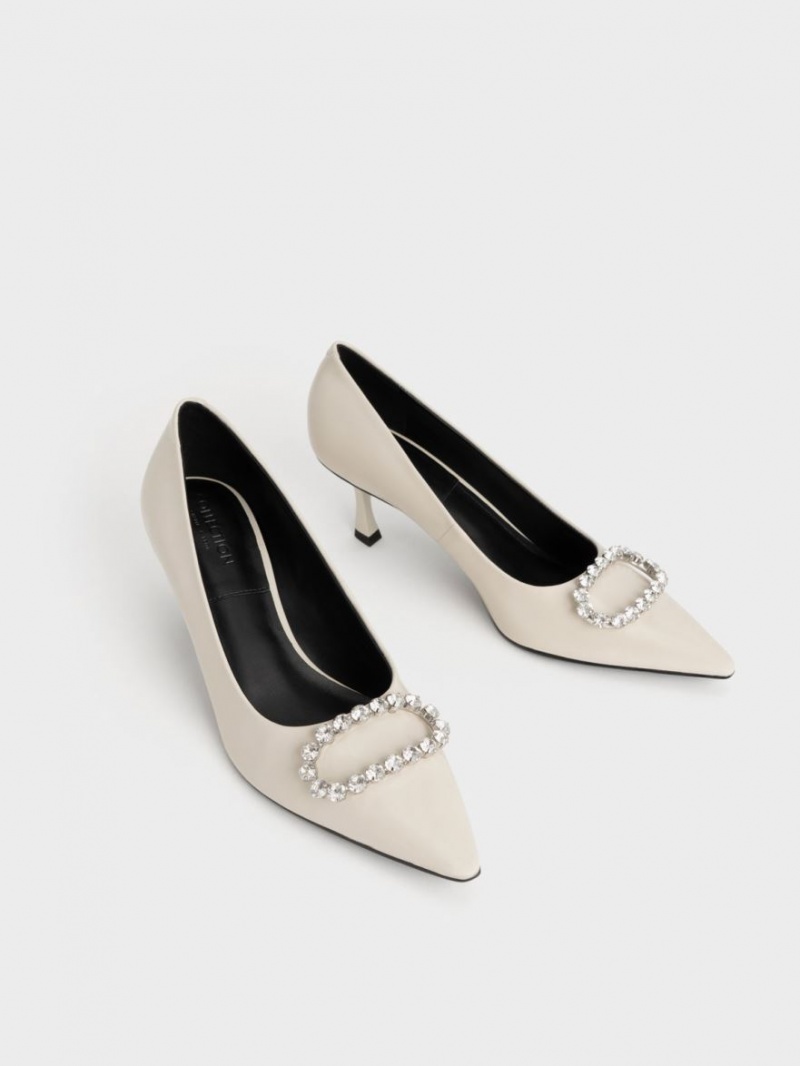 Pumps Charles & Keith Gem-Embellished Lacuita Piele Albi | 378ITCZLE
