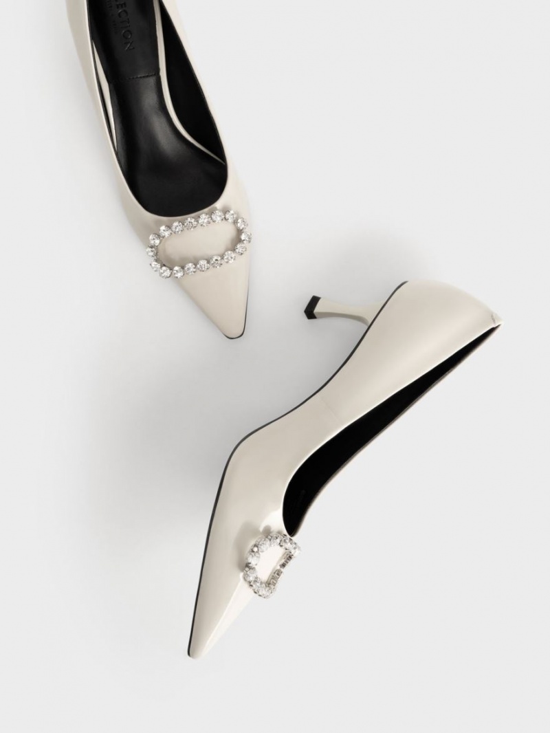 Pumps Charles & Keith Gem-Embellished Lacuita Piele Albi | 378ITCZLE