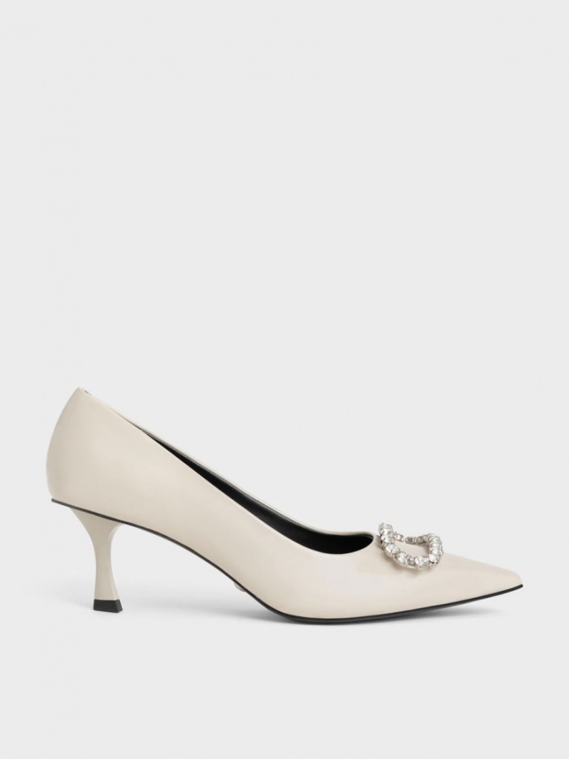 Pumps Charles & Keith Gem-Embellished Lacuita Piele Albi | 378ITCZLE