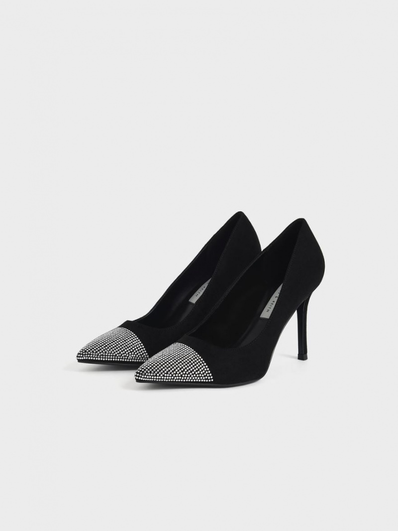 Pumps Charles & Keith Gem-Embellished Textured Stiletto Negrii | 842KQXTZR