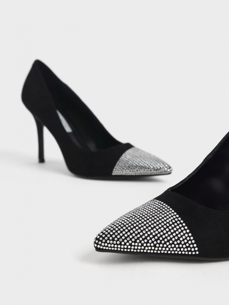Pumps Charles & Keith Gem-Embellished Textured Stiletto Negrii | 842KQXTZR