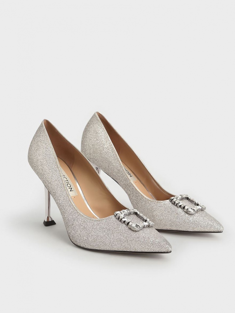 Pumps Charles & Keith Glitter Gem-Embellished Argintii | 962IRBTSV