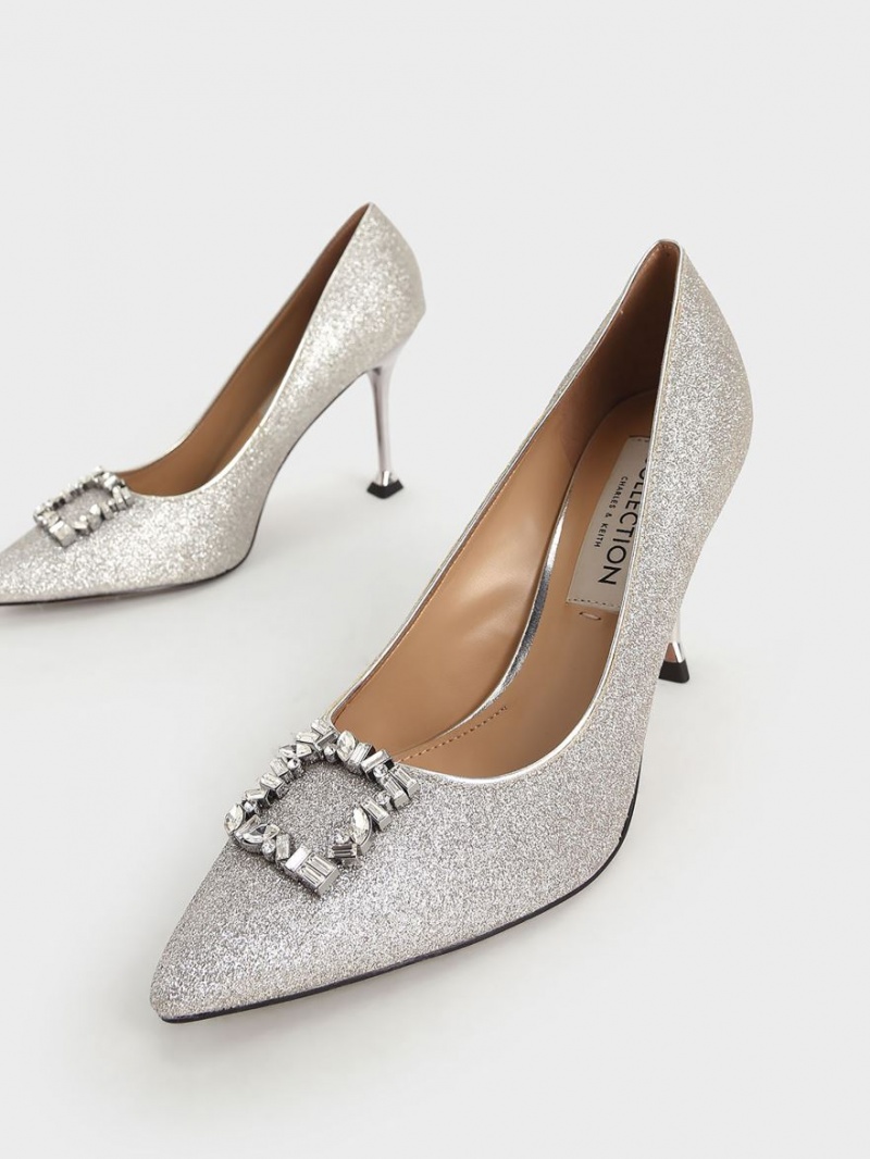 Pumps Charles & Keith Glitter Gem-Embellished Argintii | 962IRBTSV
