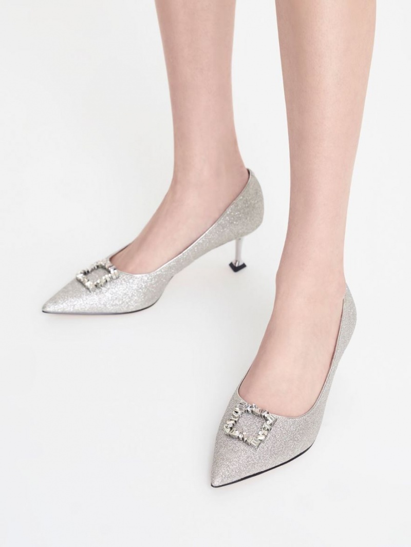 Pumps Charles & Keith Glittered Gem-Embellished Kitten Heel Argintii | 581SMAGOP