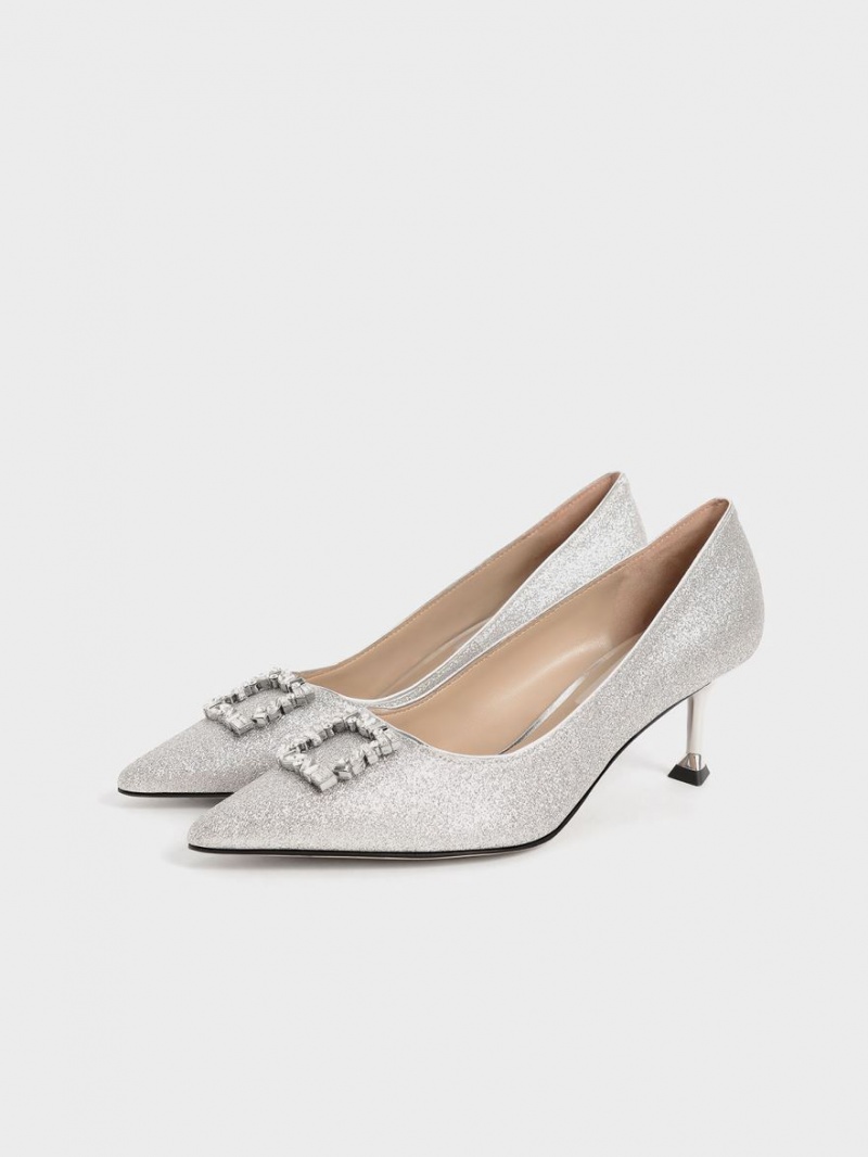 Pumps Charles & Keith Glittered Gem-Embellished Kitten Heel Argintii | 581SMAGOP