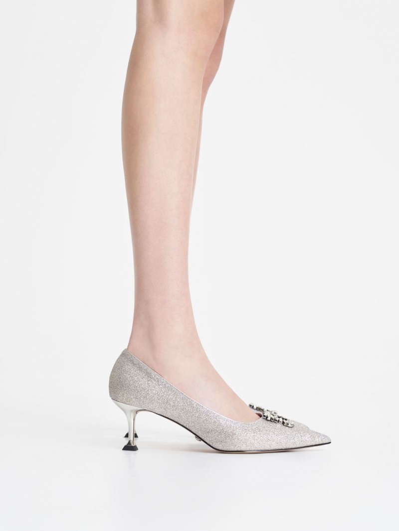 Pumps Charles & Keith Glittered Gem-Embellished Kitten Heel Argintii | 581SMAGOP