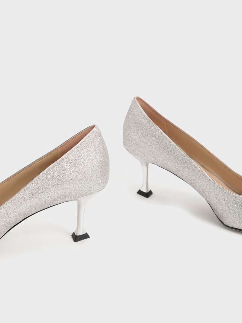 Pumps Charles & Keith Glittered Gem-Embellished Kitten Heel Argintii | 581SMAGOP
