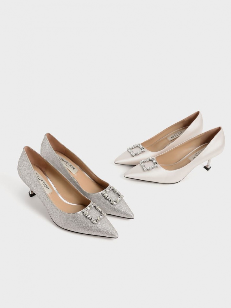 Pumps Charles & Keith Glittered Gem-Embellished Kitten Heel Argintii | 581SMAGOP