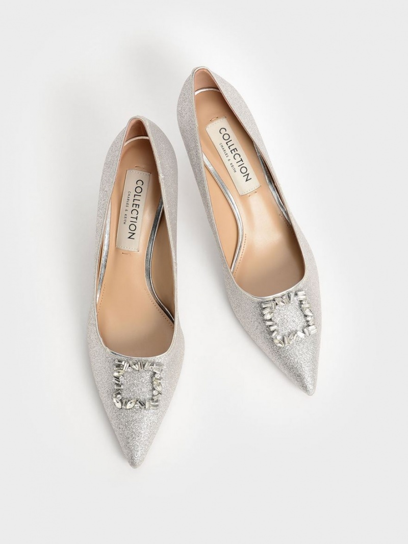 Pumps Charles & Keith Glittered Gem-Embellished Kitten Heel Argintii | 581SMAGOP