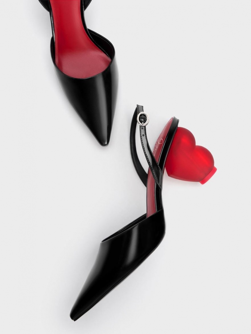 Pumps Charles & Keith Heart Heel Slingback Negrii | 839XTAZCH