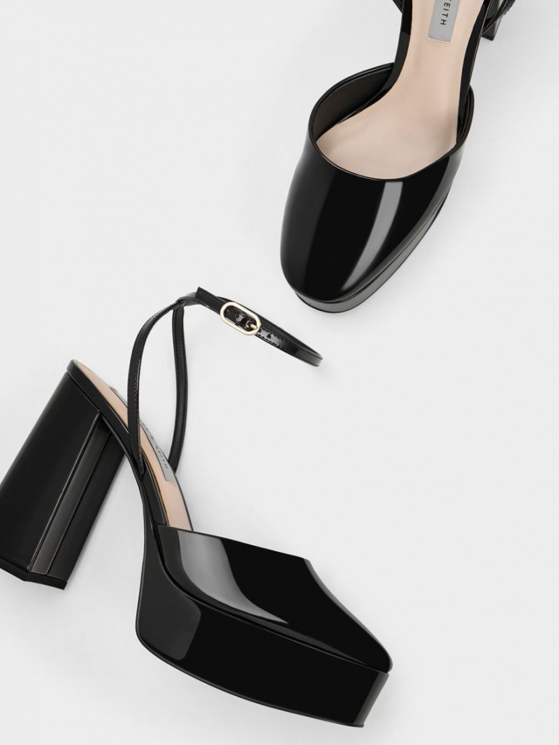 Pumps Charles & Keith Jemma Lacuita Platforma Ankle-Curea Negrii | 361UGBQPM