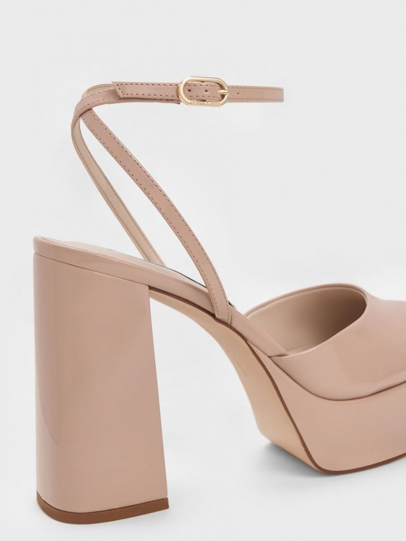 Pumps Charles & Keith Jemma Lacuita Platforma Ankle-Curea Bej | 827UBRFNH