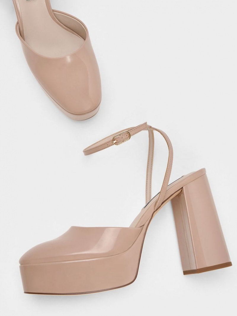 Pumps Charles & Keith Jemma Lacuita Platforma Ankle-Curea Bej | 827UBRFNH