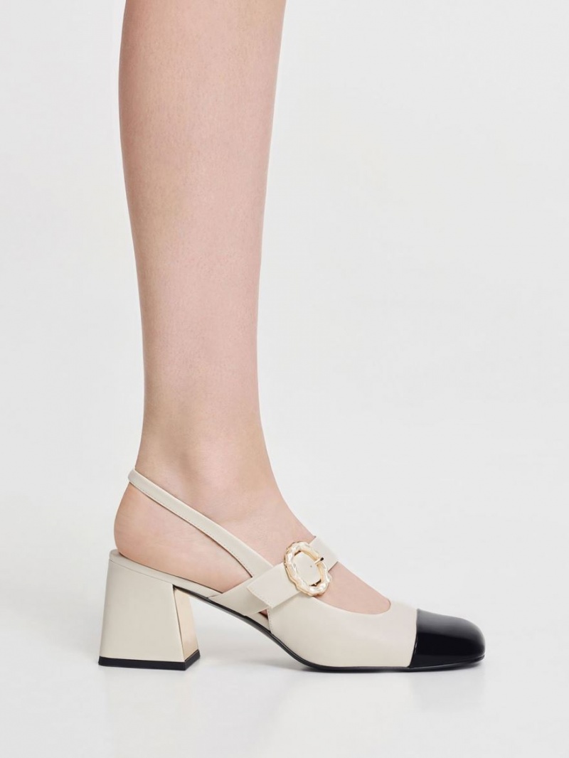 Pumps Charles & Keith Lacuita Two-Tone Pearl Cu Catarama Slingback Albi | 845HURMZX