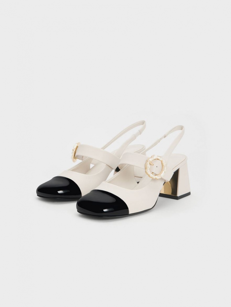Pumps Charles & Keith Lacuita Two-Tone Pearl Cu Catarama Slingback Albi | 845HURMZX