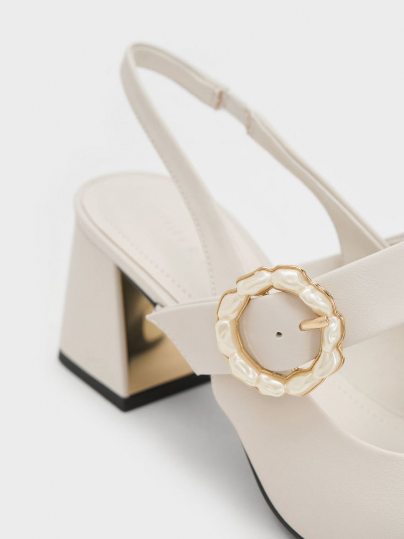 Pumps Charles & Keith Lacuita Two-Tone Pearl Cu Catarama Slingback Albi | 845HURMZX