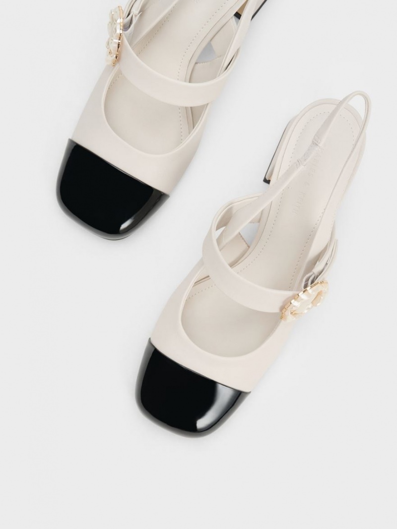 Pumps Charles & Keith Lacuita Two-Tone Pearl Cu Catarama Slingback Albi | 845HURMZX