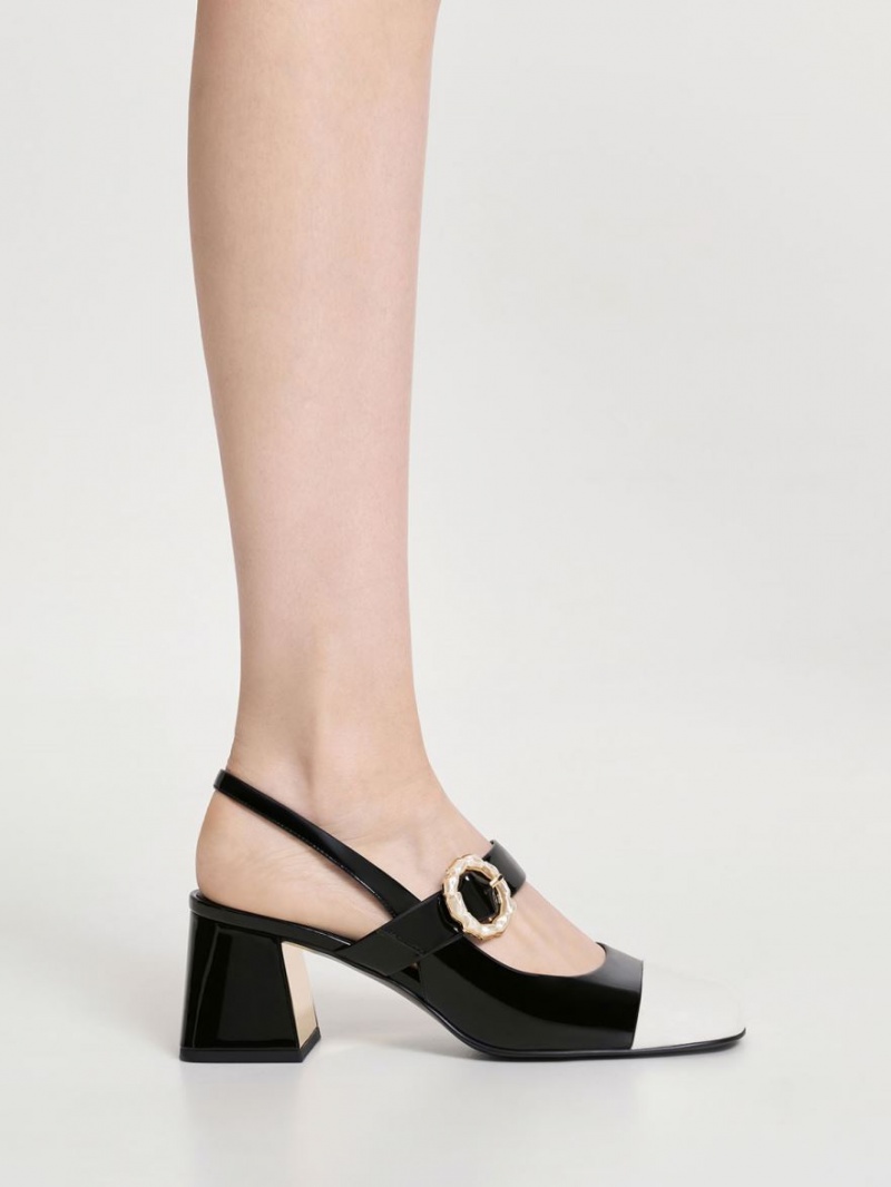 Pumps Charles & Keith Lacuita Two-Tone Pearl Cu Catarama Slingback Negrii | 702GOPXWC