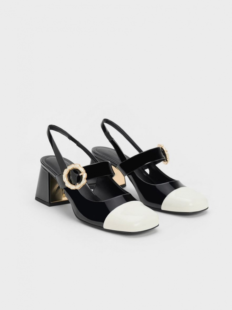 Pumps Charles & Keith Lacuita Two-Tone Pearl Cu Catarama Slingback Negrii | 702GOPXWC