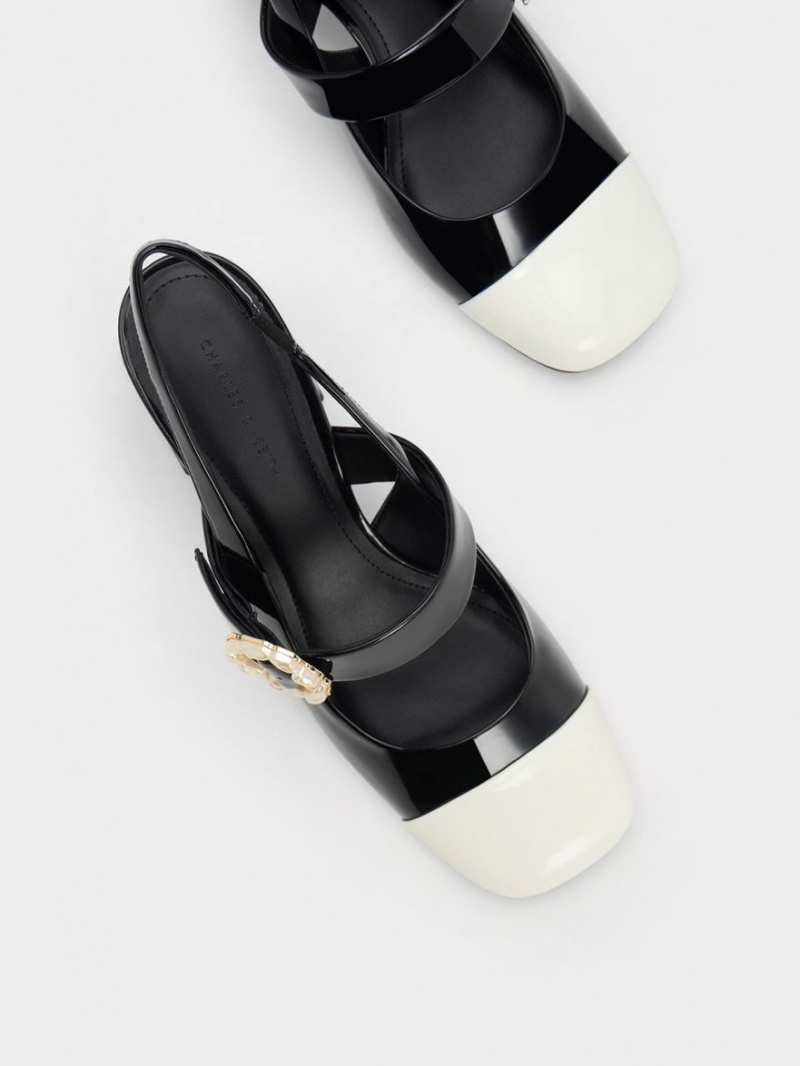 Pumps Charles & Keith Lacuita Two-Tone Pearl Cu Catarama Slingback Negrii | 702GOPXWC