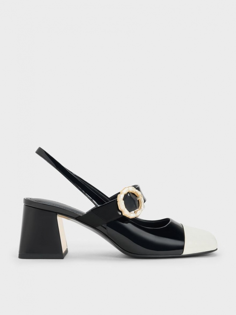 Pumps Charles & Keith Lacuita Two-Tone Pearl Cu Catarama Slingback Negrii | 702GOPXWC