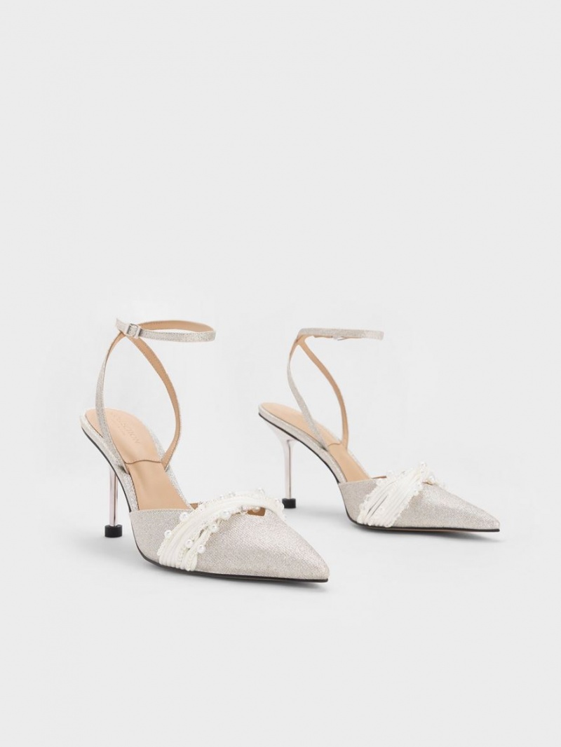 Pumps Charles & Keith Leda Beaded Glittered Ankle-Curea Argintii | 402UTDIRP
