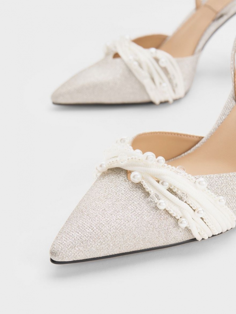 Pumps Charles & Keith Leda Beaded Glittered Ankle-Curea Argintii | 402UTDIRP