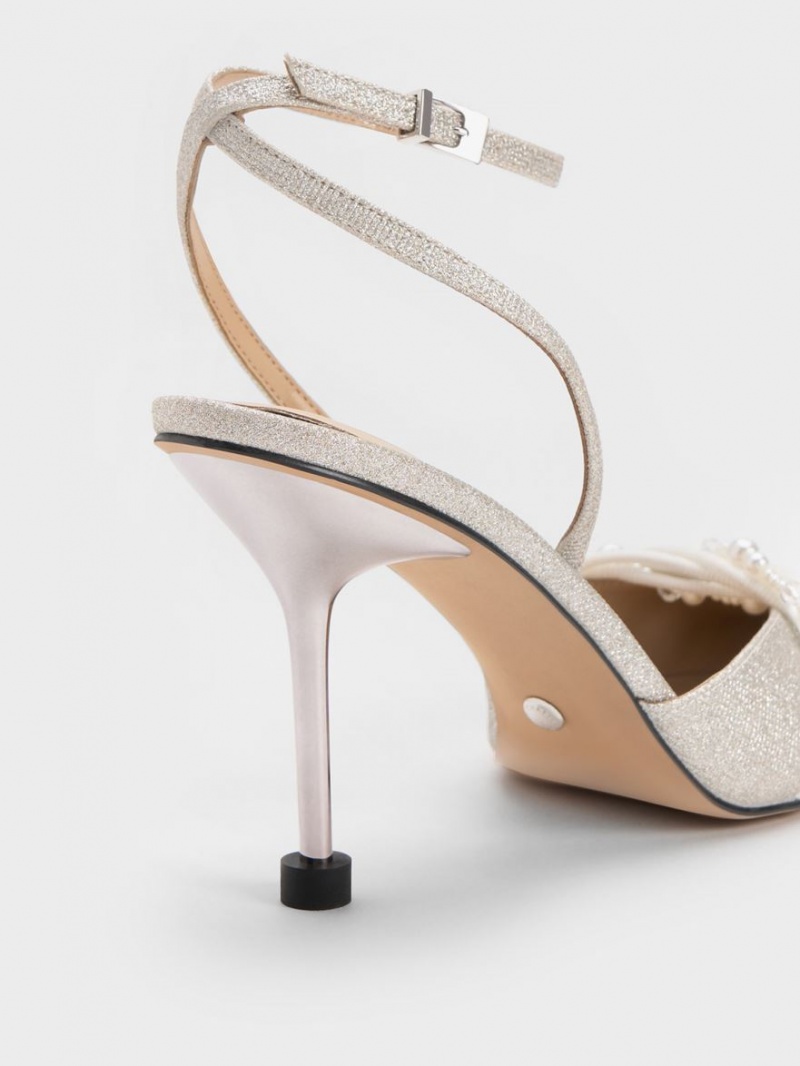 Pumps Charles & Keith Leda Beaded Glittered Ankle-Curea Argintii | 402UTDIRP