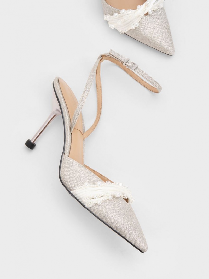 Pumps Charles & Keith Leda Beaded Glittered Ankle-Curea Argintii | 402UTDIRP