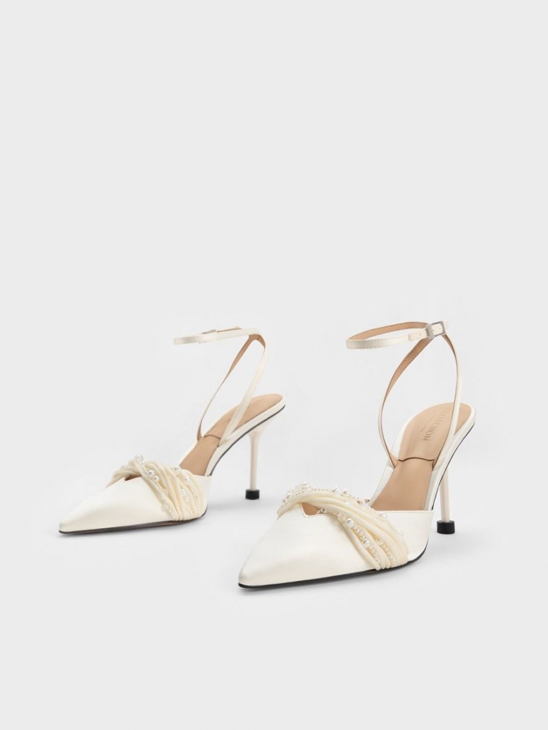 Pumps Charles & Keith Leda Beaded Satin Ankle-Curea Albi | 657MFGSAY