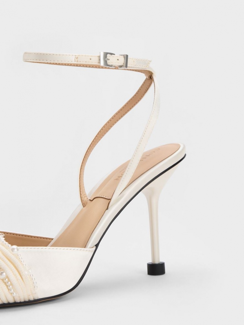 Pumps Charles & Keith Leda Beaded Satin Ankle-Curea Albi | 657MFGSAY