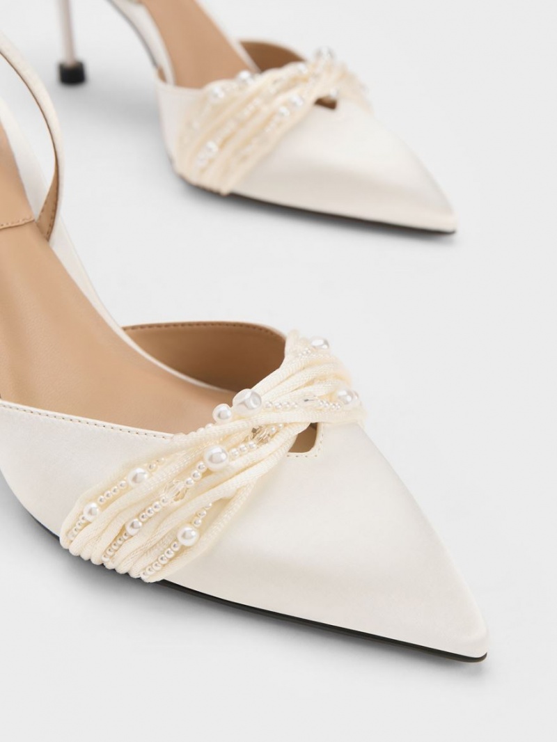 Pumps Charles & Keith Leda Beaded Satin Ankle-Curea Albi | 657MFGSAY