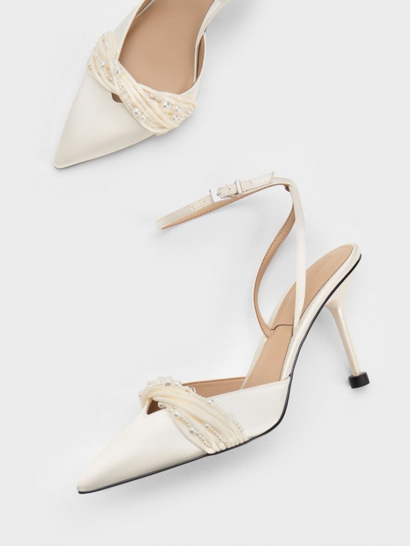 Pumps Charles & Keith Leda Beaded Satin Ankle-Curea Albi | 657MFGSAY