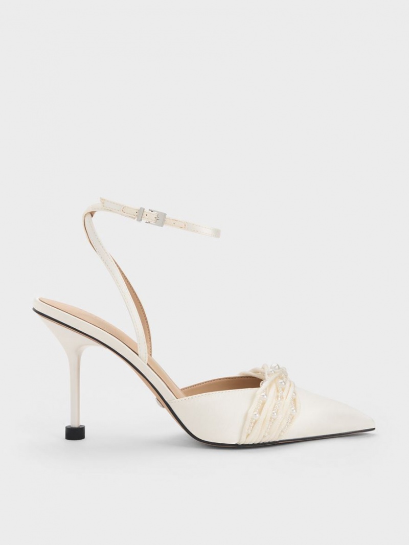 Pumps Charles & Keith Leda Beaded Satin Ankle-Curea Albi | 657MFGSAY