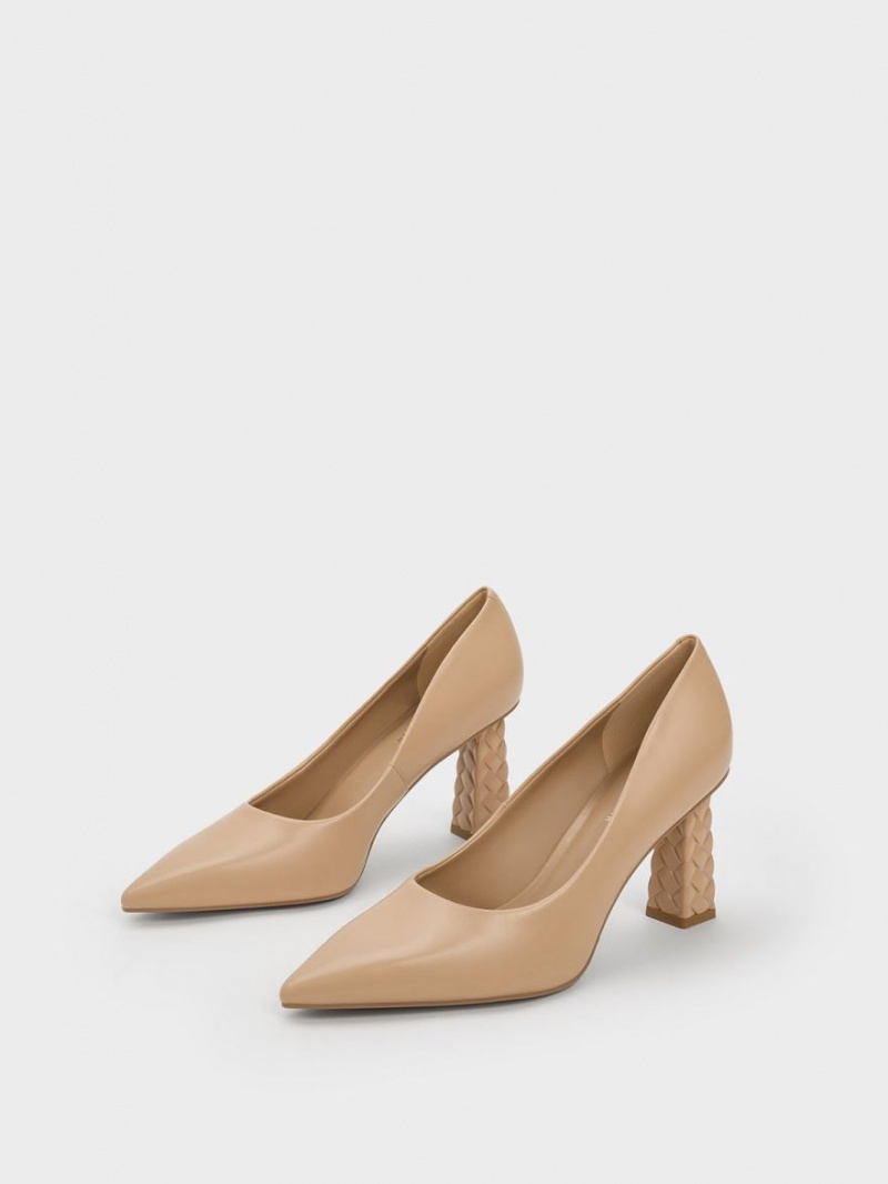 Pumps Charles & Keith Matlasat Heel Pointed-Bombeu Bej | 640BJARLK