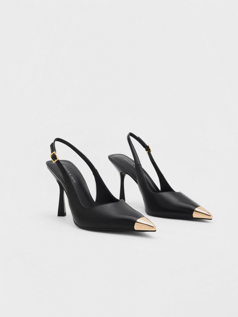 Pumps Charles & Keith Metallic Cap Pointed-Bombeu Slingback Negrii | 106JFLAVC