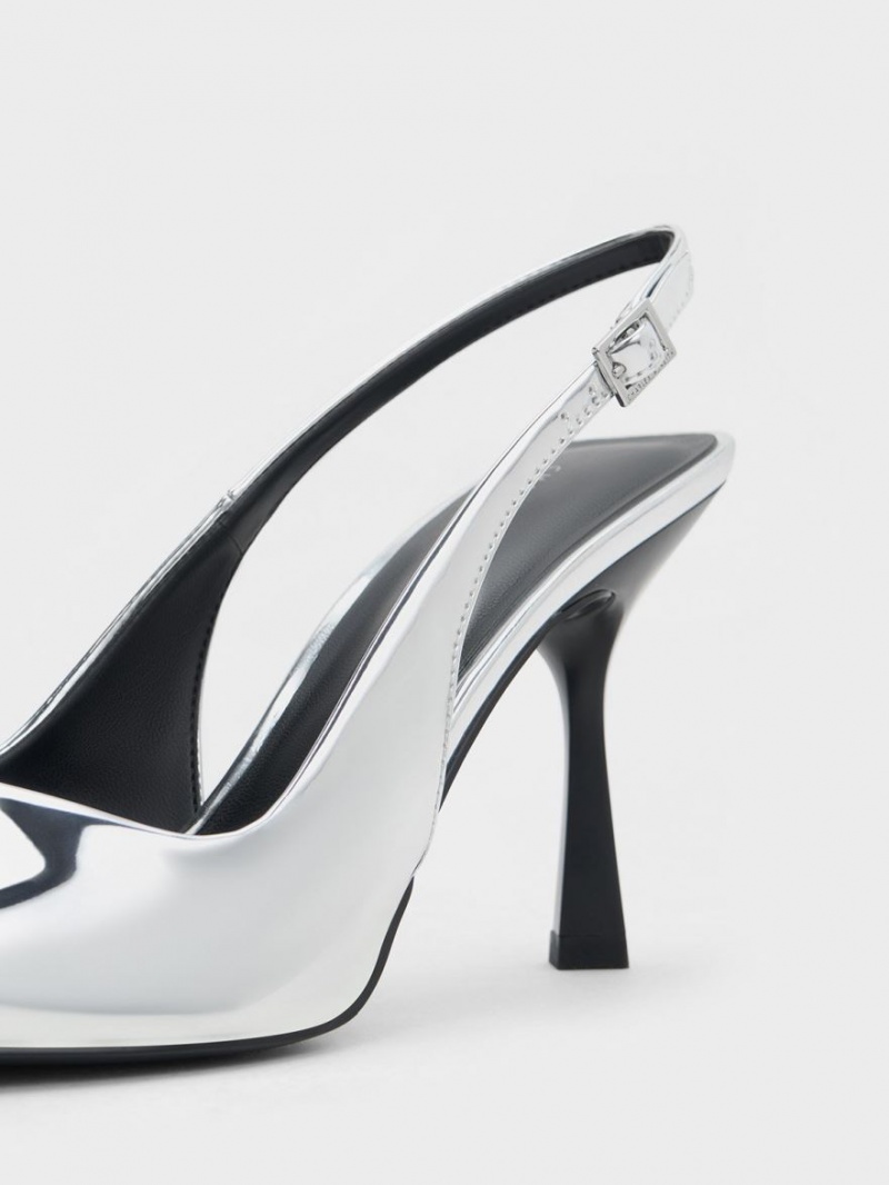 Pumps Charles & Keith Metallic Cap Pointed-Bombeu Slingback Argintii | 943QORVKM