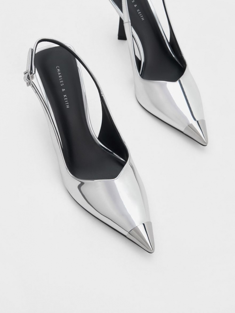Pumps Charles & Keith Metallic Cap Pointed-Bombeu Slingback Argintii | 943QORVKM