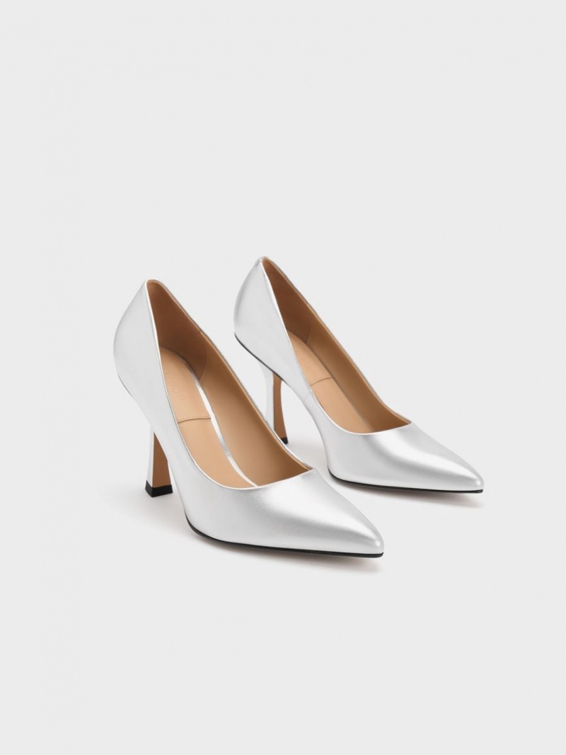 Pumps Charles & Keith Metallic Piele Flare Heel Argintii | 083LHBQDO