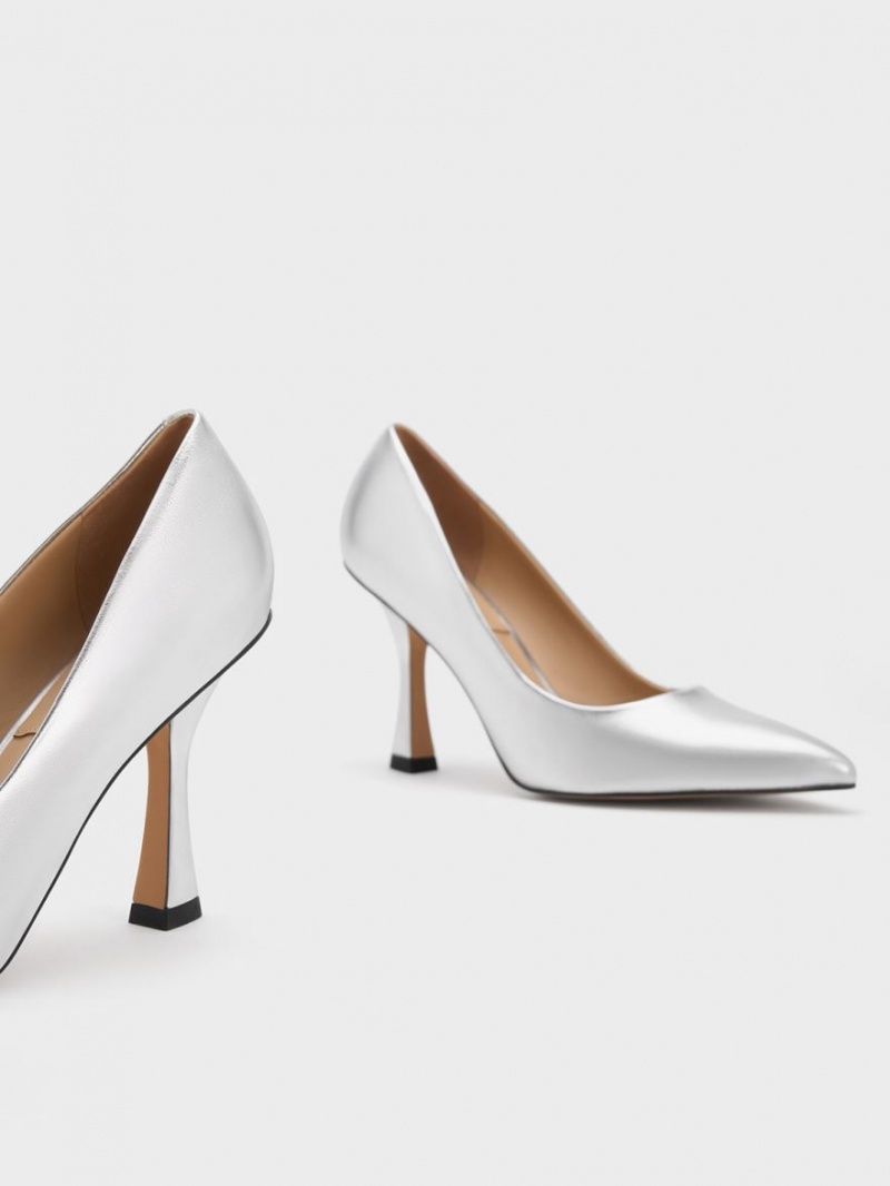 Pumps Charles & Keith Metallic Piele Flare Heel Argintii | 083LHBQDO