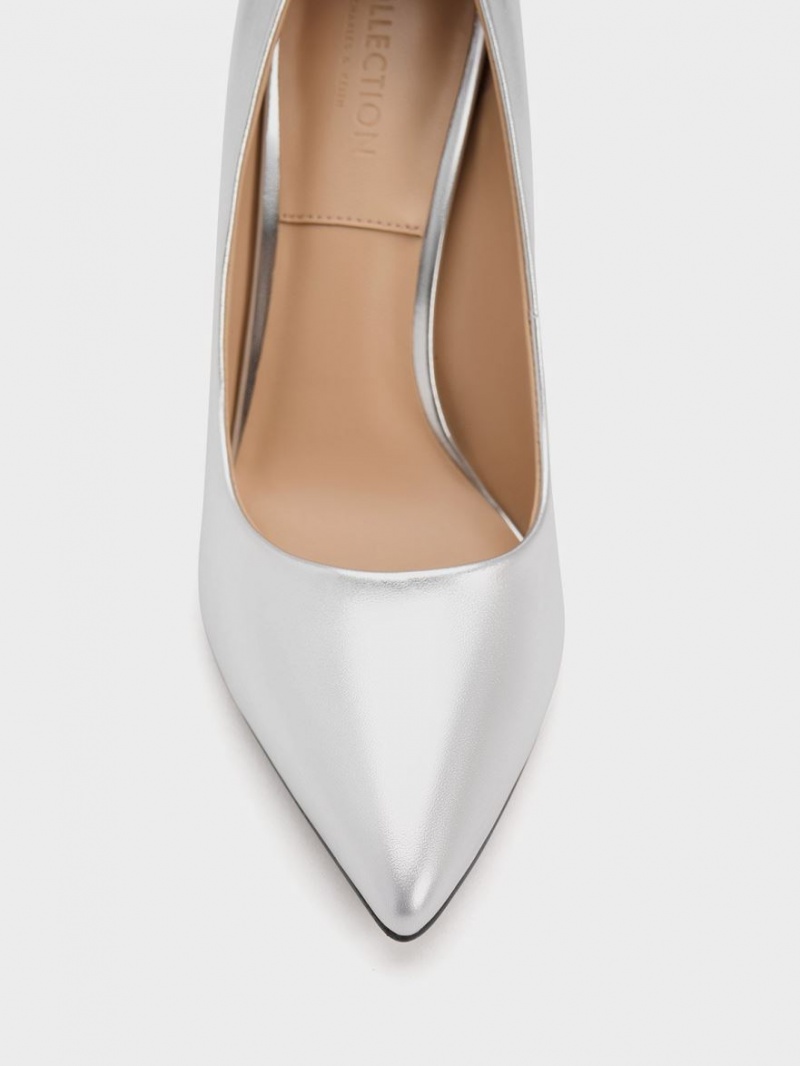 Pumps Charles & Keith Metallic Piele Flare Heel Argintii | 083LHBQDO