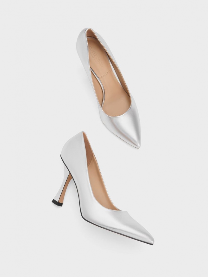 Pumps Charles & Keith Metallic Piele Flare Heel Argintii | 083LHBQDO