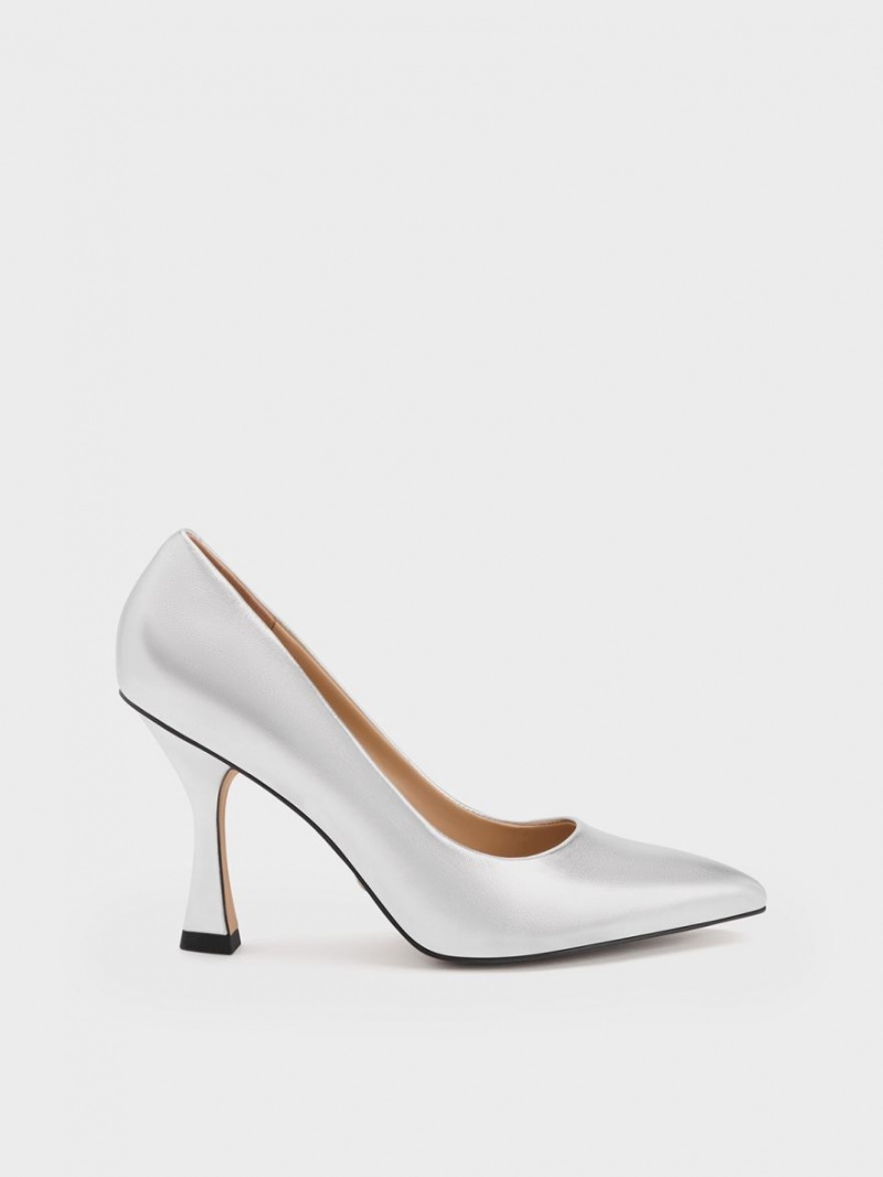 Pumps Charles & Keith Metallic Piele Flare Heel Argintii | 083LHBQDO